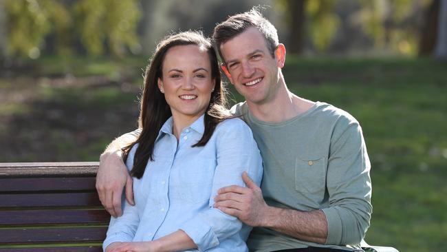 Daisy Pearce and her partner Ben are ready to tackle the challenge of being parents to twins. Picture: Alex Coppel.