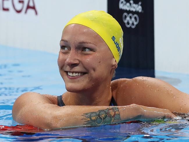 Sweden's Sarah Sjostrom wins Women's 100m butterfly semi at the Rio 2016 Olympic Games. Tattoo. Picture. Phil Hillyard