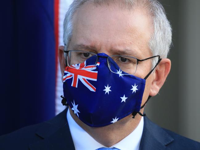 SYDNEY, AUSTRALIA - NewsWire Photos JULY 13, 2021 -  Australian Prime Minister Scott Morrison, NSW Premier Gladys Berejiklian, and NSW Treasurer Dominic Perrottet announce a business support package during a joint media conference at Kirribilli House in Sydney. Under a new combined support package, the COVID-19 Disaster Payment will be further expanded and increased across the state of NSW. The Commonwealth and NSW will also enter into a new 50/50 cost sharing arrangement for a new business support payment to be implemented and administered by NSW. Today NSW recorded 89 new cases of Covid -19 in Sydney. Picture: NCA NewsWire / Christian Gilles