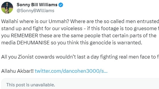 Williams was accused of “inciting hatred” after sharing a video purported to be from a Gaza hospital on social media while describing supporters of Israel as “Zionist cowards”. Picture: X