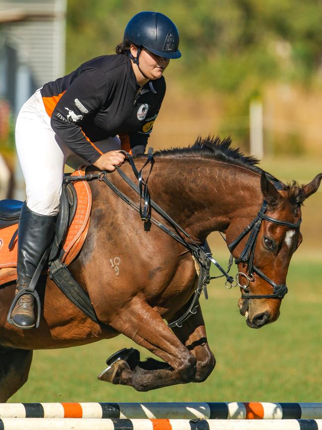 Brook Huppatz and her mount Lookatim Go competing the third and final day of the Royal Darwin Show. Picture: Glenn Campbell