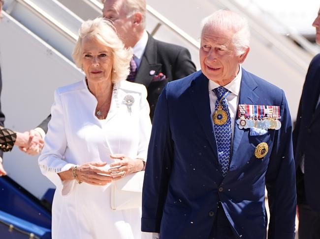 CANBERRA, AUSTRALIA - OCTOBER 21: King Charles III and Queen Camilla arrive for a visit at Canberra Airport on October 21, 2024 in Canberra, Australia. The King's visit to Australia is his first as monarch, and the Commonwealth Heads of Government Meeting (CHOGM) in Samoa will be his first as head of the Commonwealth. Picture: NewsWire POOL / Aaron Chown