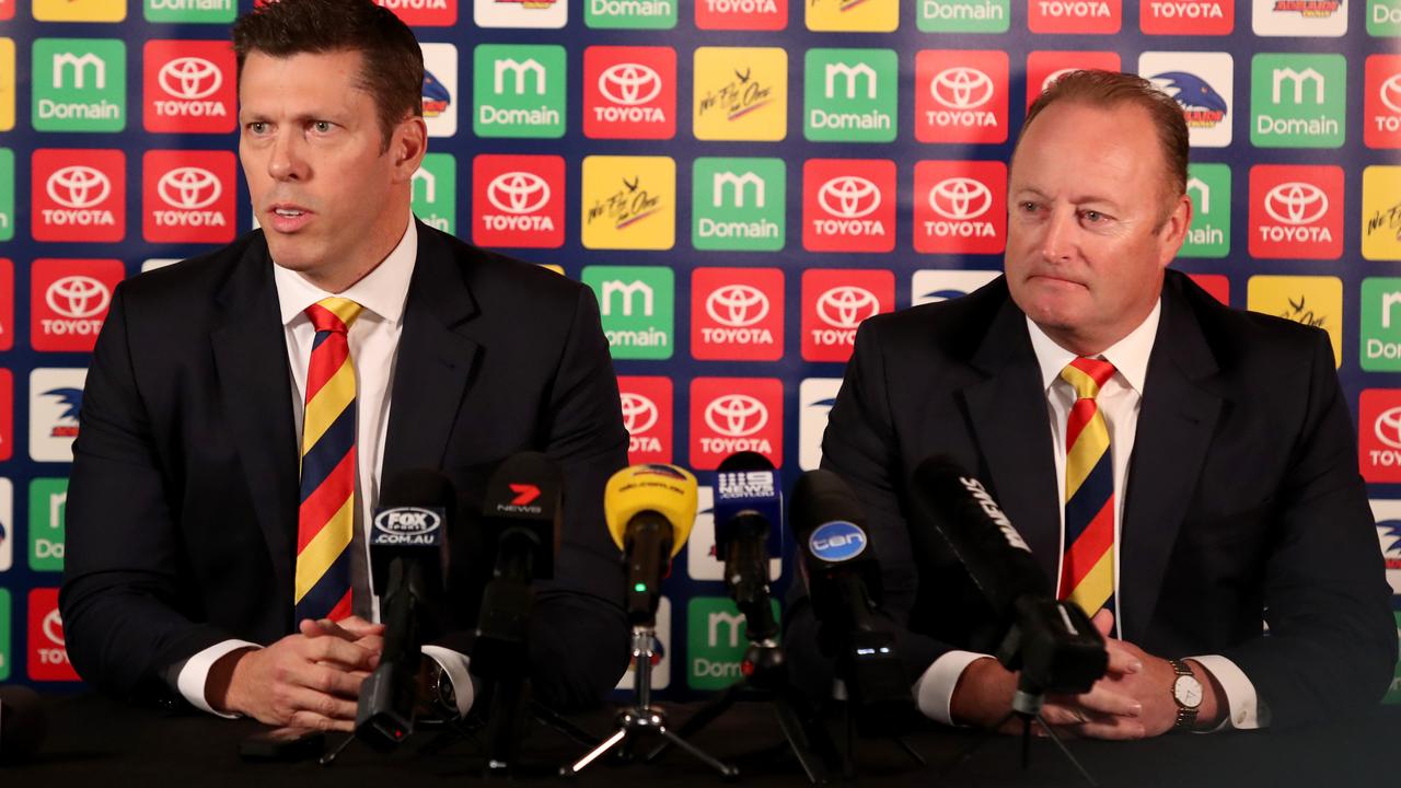 Adelaide chief executive Andrew Fagan and Crows Chairman Rob Chapman. Picture: Kelly Barnes