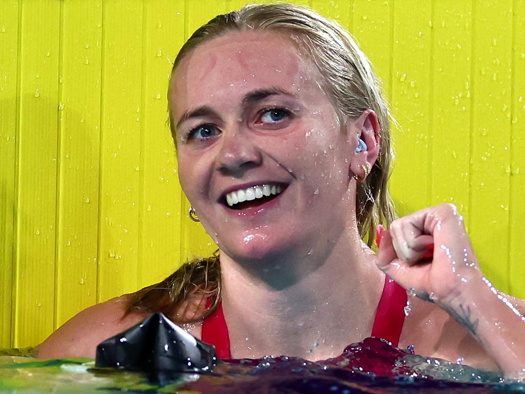 Ariarne Titmus celebrates winning the women’s 400m Freestyle Final in a time of 3:55.44 during the 2024 Australian Swimming Trials. Picture: Quinn Rooney/Getty Images