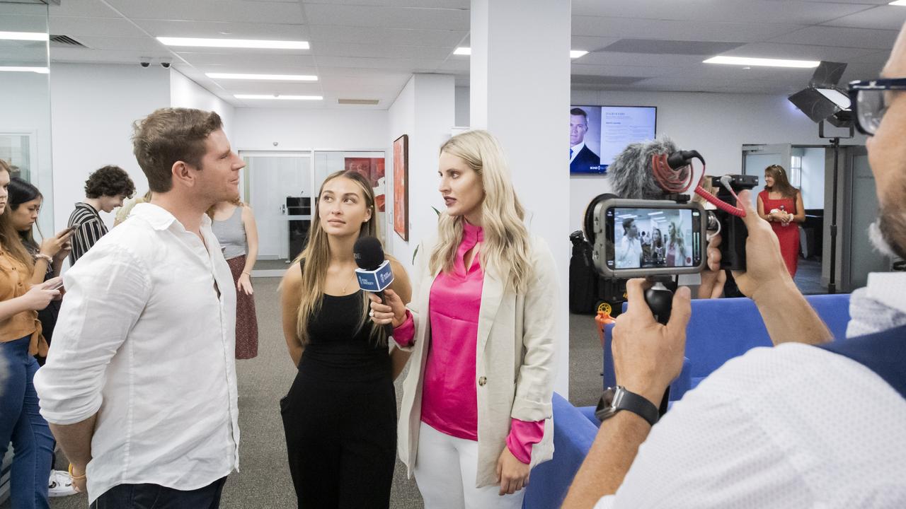 Sunrise weatherman Sam Mac with students at Bond University. Picture: Cavan Flynn/Bond University.