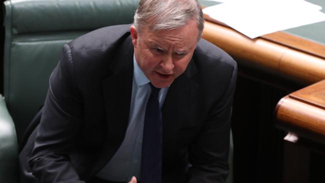 Opposition leader Anthony Albanese asks his Labor frontbenchers to huddle up as he outlines the game plan. Picture: Kym Smith