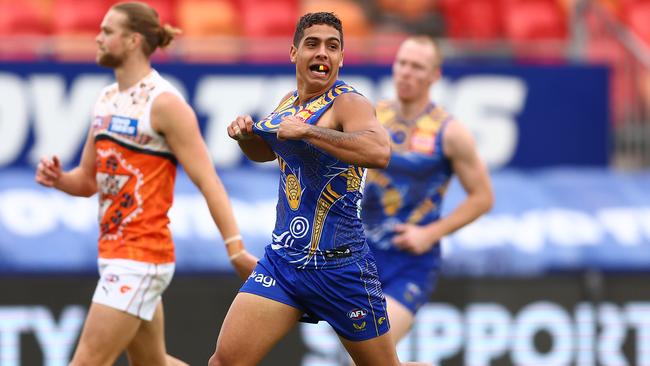 SYDNEY, AUSTRALIA - MAY 22: Isiah Winder of the Eagles celebrates kicking a goal during the round 10 AFL match between the Greater Western Sydney Giants and the West Coast Eagles at GIANTS Stadium on May 22, 2022 in Sydney, Australia. (Photo by Mark Metcalfe/AFL Photos/Getty Images)