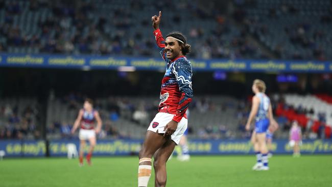 Kysaiah Pickett celebrates a goal in his the club’s indigenous guernsey. Picture: Mike Owen/AFL Photos/via Getty Images