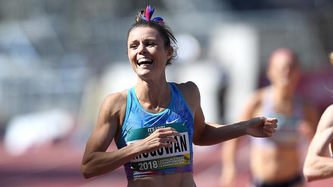 Brittany McGowan celebrates winning the final of the women's 800m during the Australian Athletics Championships.