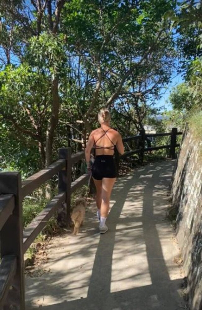 A person walking their dog at the Oceanview Track, Burleigh Heads National Park - where dogs are not allowed.