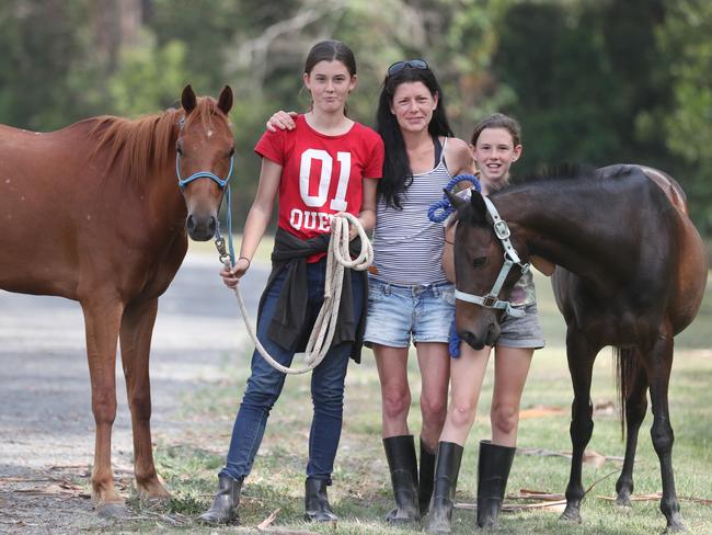 Sienna Martin with daughters Sakari, 15, and Taia, 11, and two of their horses Oliver and Bella. Picture: Annette Dew