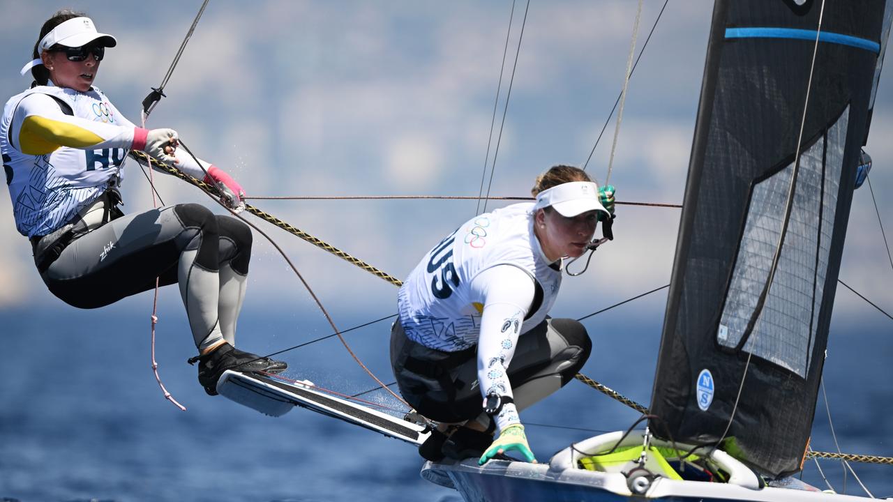 Olivia Price and Evie Haseldine racing on day one of thee Olympic sailing regatta. Picture: Clive Mason/Getty Images