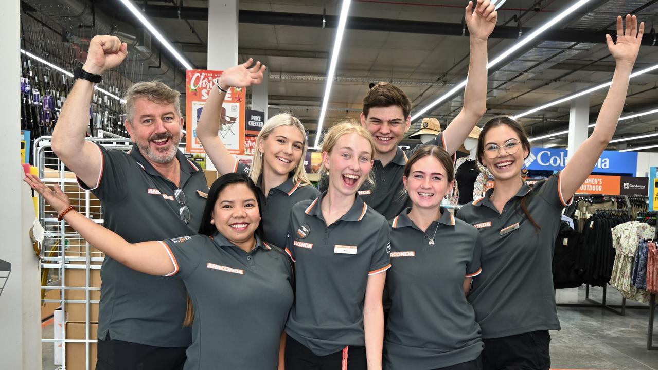 Manager Ian Bannister with staff Comia Wainright, Paris Fuller, Mia Tensen, Alexis Telfer, Georgia Ramms and Thea Lunnon ahead of the opening of Anaconda's new Maroochydore store. Picture: Tegan Annett