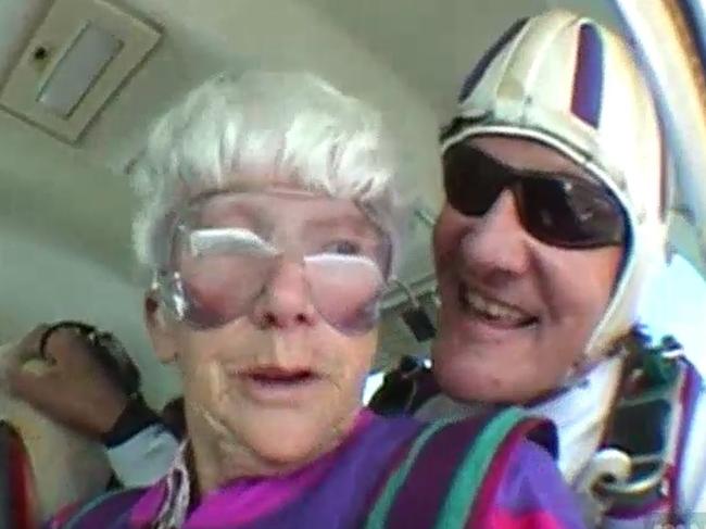 Clare Nowland skydiving to celebrate her 80th birthday in 2008. Picture: ABC News