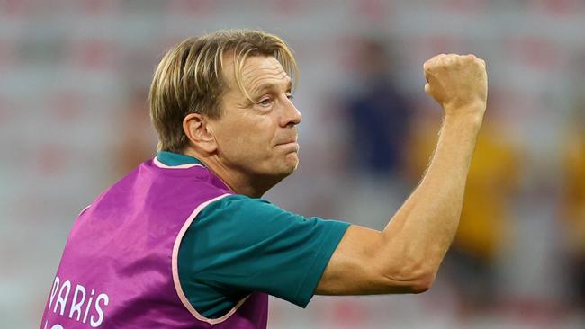 NICE, FRANCE - JULY 28: Tony Gustavsson, Head Coach of Team Australia celebrates after  the Women's group B match between Australia and Zambia during the Olympic Games Paris 2024 at Stade de Nice on July 28, 2024 in Nice, France. (Photo by Marc Atkins/Getty Images)