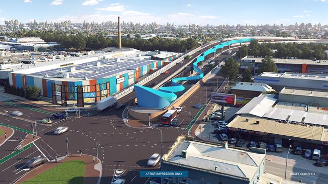 The reference design shows a section of road at West Hindmarsh would be elevated 11m in order to retain local heritage sites. Picture: Supplied