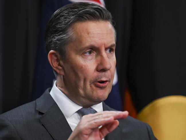 CANBERRA, AUSTRALIA - MARCH 30: Australian Minister for Health and Aged Care Mark Butler addresses the media at Parliament House on March 30, 2023 in Canberra, Australia. Health authorities are providing an update on the latest COVID-19 numbers and local vaccination uptake. (Photo by Martin Ollman/Getty Images)