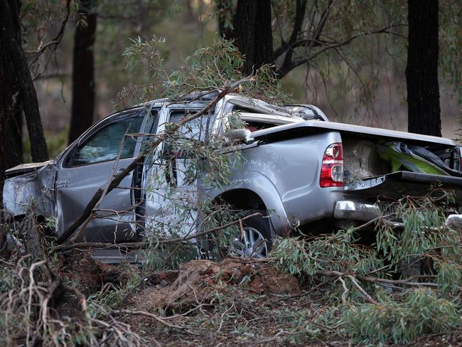 A sliver ute crashed into a tree the Hume Highway near Benalla. Picture Norm Oorloff