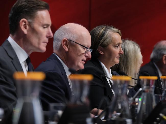 MELBOURNE, AUSTRALIA - NewsWire Photos NOVEMBER 3, 2023: Qantas Chair Richard Goyder  is seen sitting next to CEO Vanessa Hudson during the Qantas Annual General Meeting (AGM), in Melbourne.Picture: NCA NewsWire / Luis Ascui