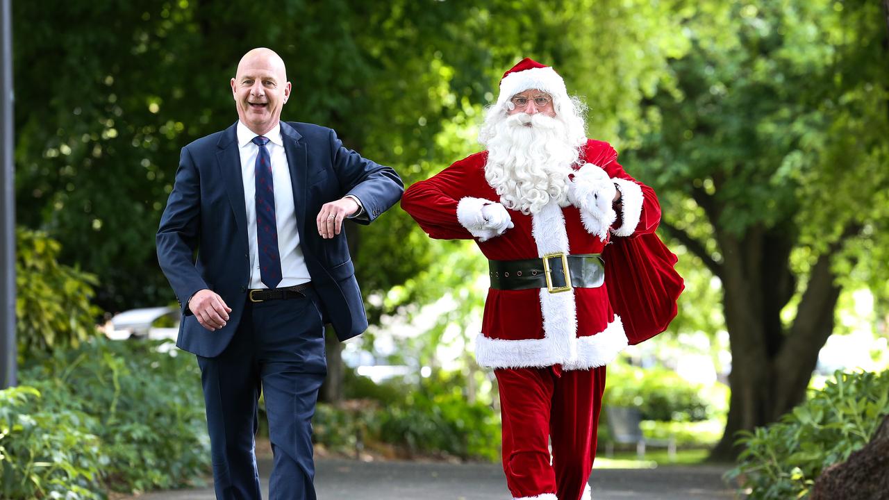 Premier Peter Gutwein with Santa to talk about having a COVID safe Christmas. Picture: Zak Simmonds