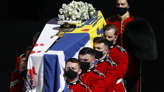 The coffin of Prince Philip, Duke of Edinburgh is laid onto a modified Land Rover before his funeral. Picture: Adrian Dennis/AFP