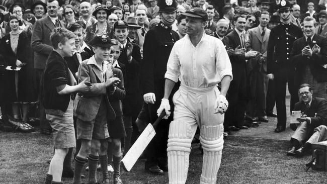 Sir Don Bradman pictured comes out during the 4th Test Match at Headingley, Leeds in 1938 (Photo by Fox Photos/Getty Images)