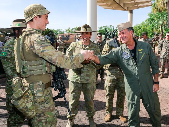 Commander of US military forces in the Indo-Pacific, Admiral John C. Aquilino meets ADF soldier Private Gaven Ihm at Darwin’s Robertson Barracks. Picture: Glenn Campbell