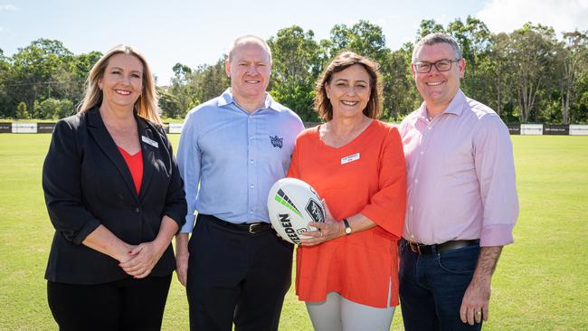 Labor candidate for Moncrieff Tracey Bell, Gold Coast Titans executive chairman Dennis Watt, Labor candidate for Fadden Luz Stanton and Labor senator Murray Watt. Picture: Gold Coast Titans