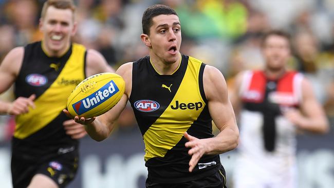 Jason Castagna uses his speed to defend. Picture: AAP