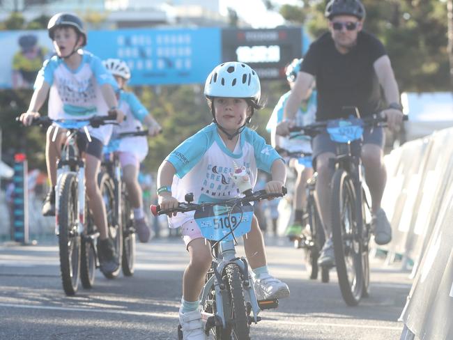 Hundreds of bikes and riders of all sizes took part in the Cadel Evans Great Ocean Road Family Ride on Friday night. Picture: Alan Barber