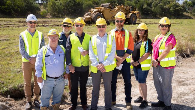 Construction has begun at the site of the new Industry Central Land Swap Project at South Murwillumbah, which will see businesses move from their current locations on the floodplain to flood-free land. To mark the occasion are from left: : Dean Cheffers (Alder Constructions), Ken Sanderson (Murwillumbah Hire and Landscape Supplies), Jim Dickinson (30 Marine Parade Pty Ltd), Lyndon Poirrier (JH Williams), Ray Musgrave (Tweed Shire Council), Graham McMahon and Jenny Land (Hayes Steel), Deputy Mayor Meredith Dennis. Picture: Murray Rix