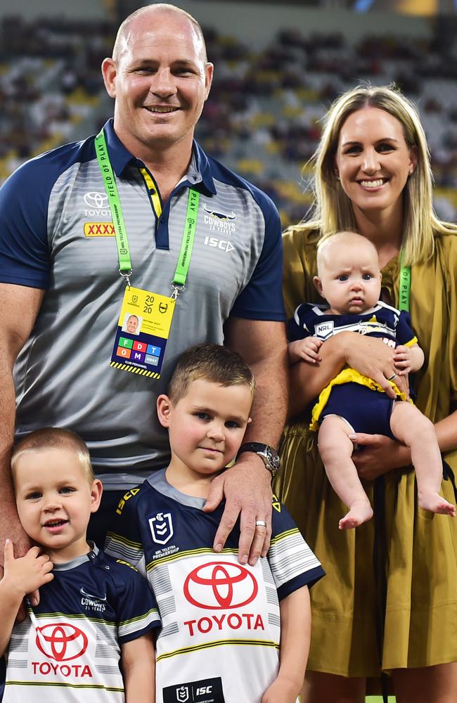 Matt Scott, wife Lauren, sons Hugo and Will and daughter Freya at Queensland Country Bank Stadium in 2020. Picture: Alix Sweeney