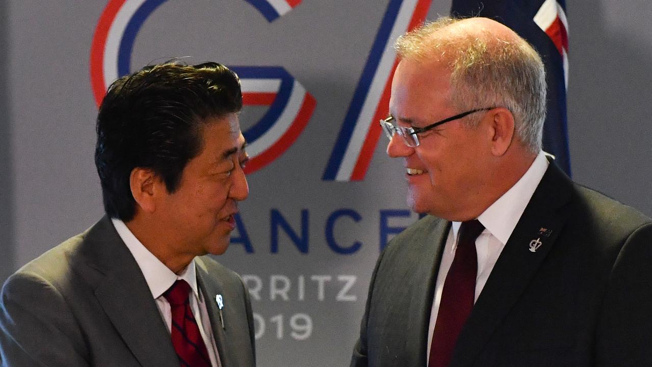 Shinzo Abe met with Australia’s then-prime minister Scott Morrison in 2019. (AAP Image/Mick Tsikas) NO ARCHIVING