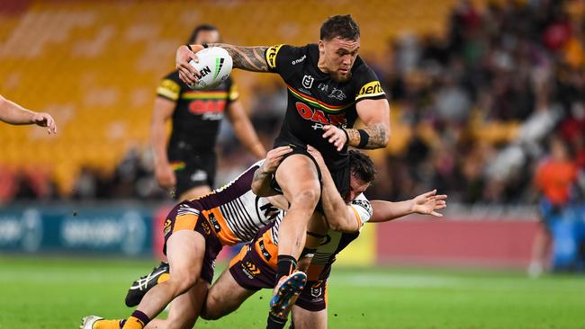 James Fisher-Harris on the charge for Penrith against Brisbane.