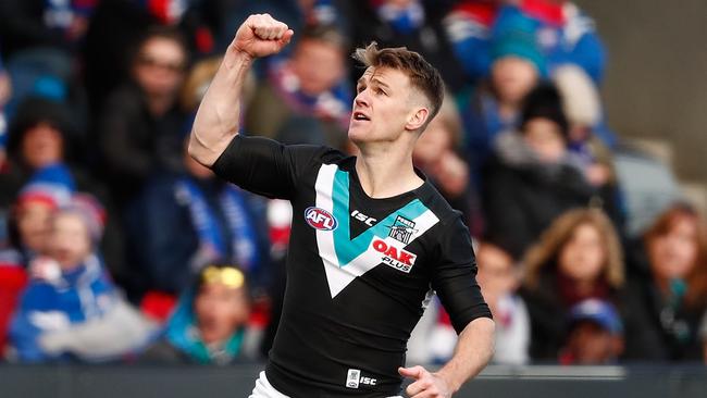 Port star Robbie Gray celebrates a goal against the Western Bulldogs in Ballarat. He is one of six Power players considered elite. Picture: Adam Trafford/AFL Media/Getty Images