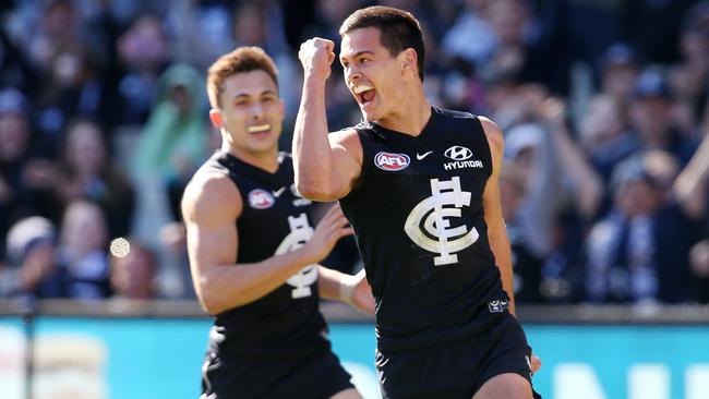 Jack Silvagni celebrates a goal. Picture: Michael Klein