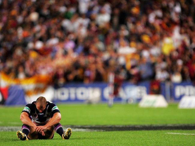 Scott Hill of the Storm reacts after the Storm lost the 2006 NRL Grand Final to the Brisbane Broncos. (Photo by Ezra Shaw/Getty Images)