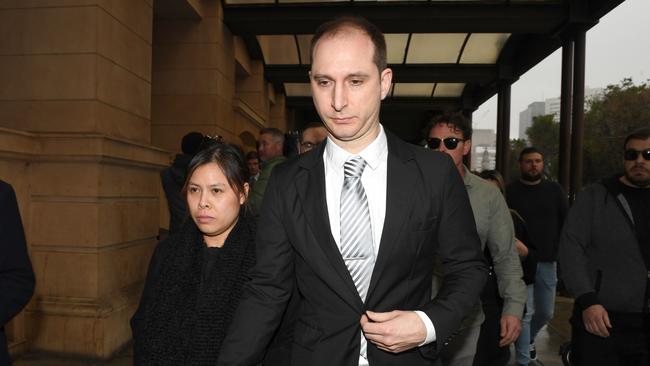 Alexander Campbell leaves the District Court with his wife Diana, after a not-guilty verdict of causing death by dangerous driving. Picture: Tricia Watkinson