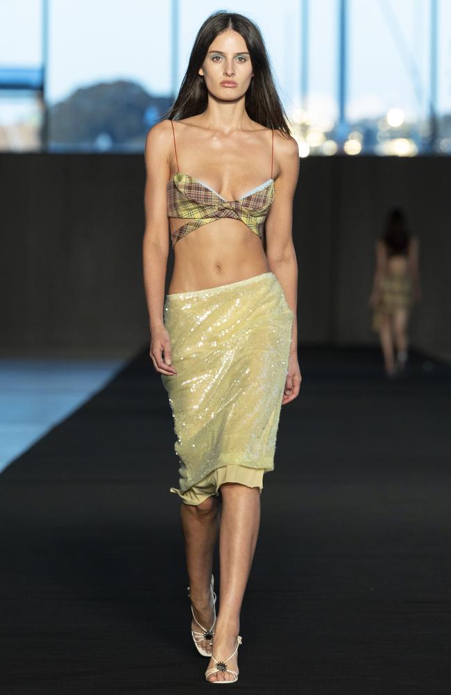 Bec and Bridge sequins low slung waistline on the catwalk.