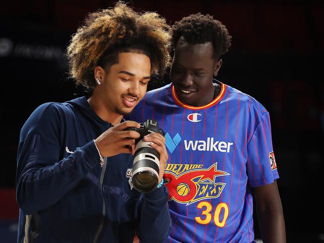 Trentyn Flowers and Akech Aliir of the 36ers during a clash with the Sydney Kings last season. Picture: Sarah Reed/Getty Images