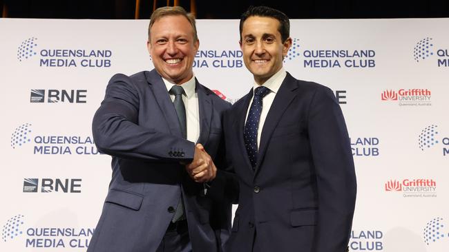 Premier Steven Miles (left) and Opposition Leader David Crisafulli at this week’s leaders’ debate. Picture: Liam Kidston.