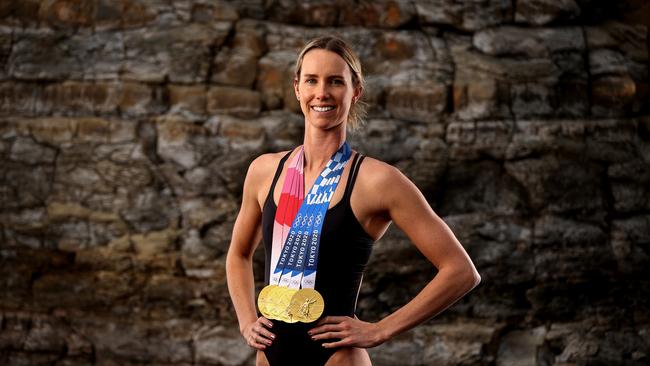 WOLLONGONG, AUSTRALIA - AUGUST 26: Australian swimmer Emma McKeon poses during a portrait session at the Wollongong Rockpool on August 26, 2021 in Wollongong, Australia. McKeon won a total of 7 medals at the Tokyo 2020 Olympic Games including 4 gold medals. McKeon now has 11 Olympic medals, the most of any Australian in history. (Photo by Brendon Thorne/Getty Images)