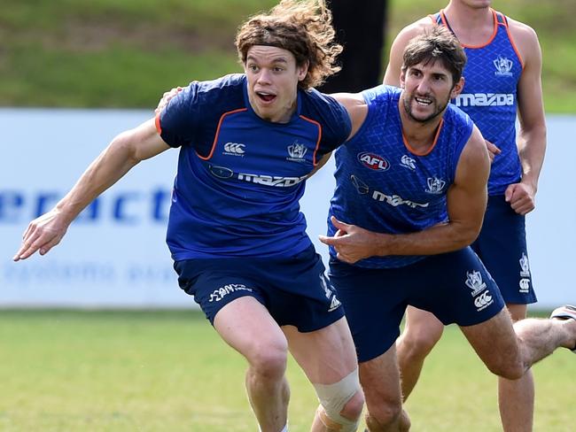 Ben Brown works with forward teammate Jarrad Waite at training. Picture: Kylie Else