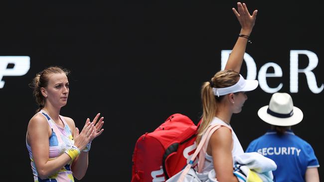 Petra Kvitova claps Paula Badosa off court after their second-round match. Picture: Getty Images