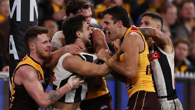 Finn Maginness and Josh Daicos get to know each other on Saturday. Picture: Michael Klein