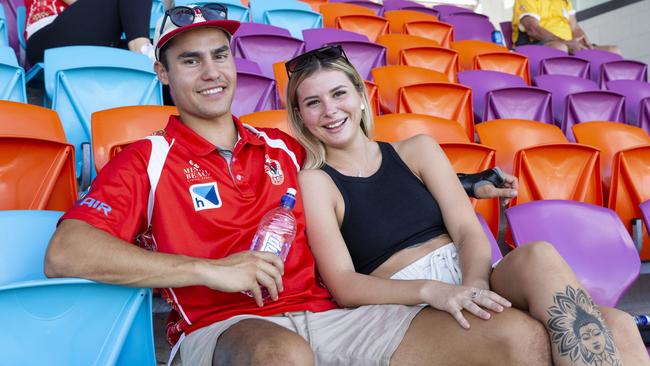 Taj Westworth and Emmalee Kretzschmar at the NTFL prelim finals on Saturday afternoon. Picture: Floss Adams.