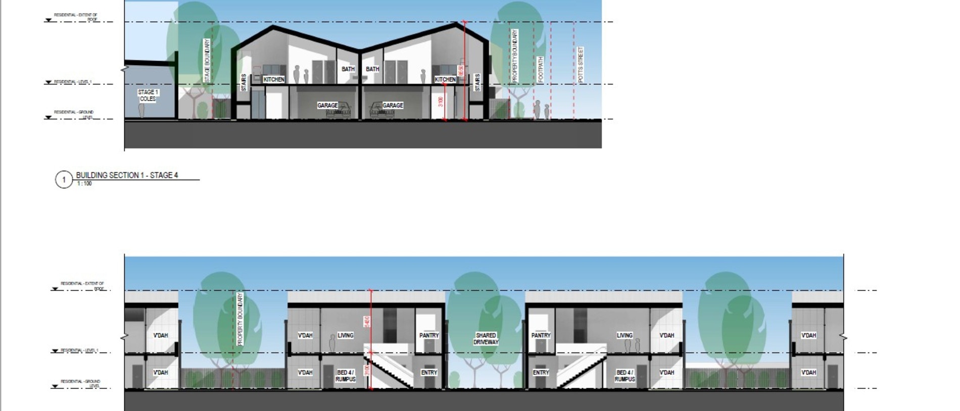 Building section for the proposed townhouses. Photos: ThomsonAdsett architecture