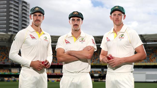 The Australian fast bowling cartel of Mitchell Starc, Pat Cummins and Josh Hazlewood. Picture: Peter Wallis