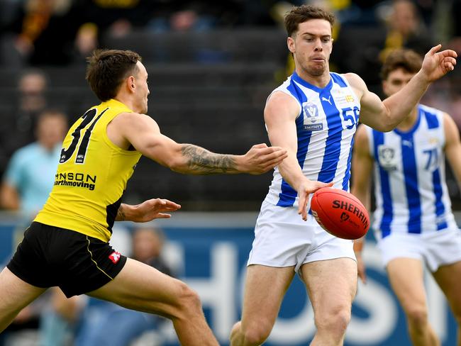 Jack Watkins takes a kick for North Melbourne VFL, where he has won the past two best and fairests. Photo: Josh Chadwick/AFL Photos