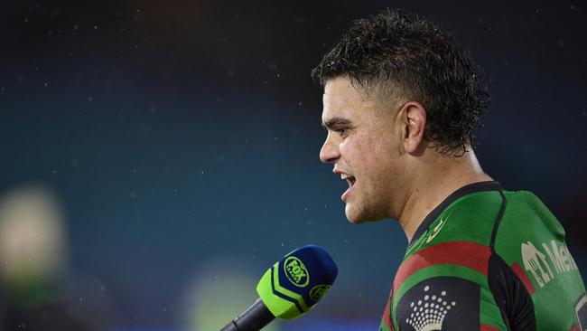 SYDNEY, AUSTRALIA – JULY 02: Latrell Mitchell of the Rabbitohs is interviewed post match during the round 16 NRL match between the South Sydney Rabbitohs and the Parramatta Eels at Stadium Australia, on July 02, 2022, in Sydney, Australia. (Photo by Brett Hemmings/Getty Images)